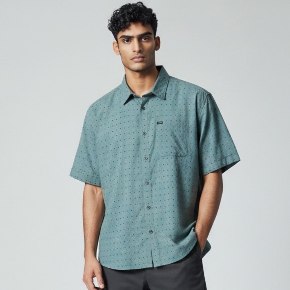 Brixton Mens Xl Teal Dot Print Short Sleeve Button Up Shirt Charter Standard Fit